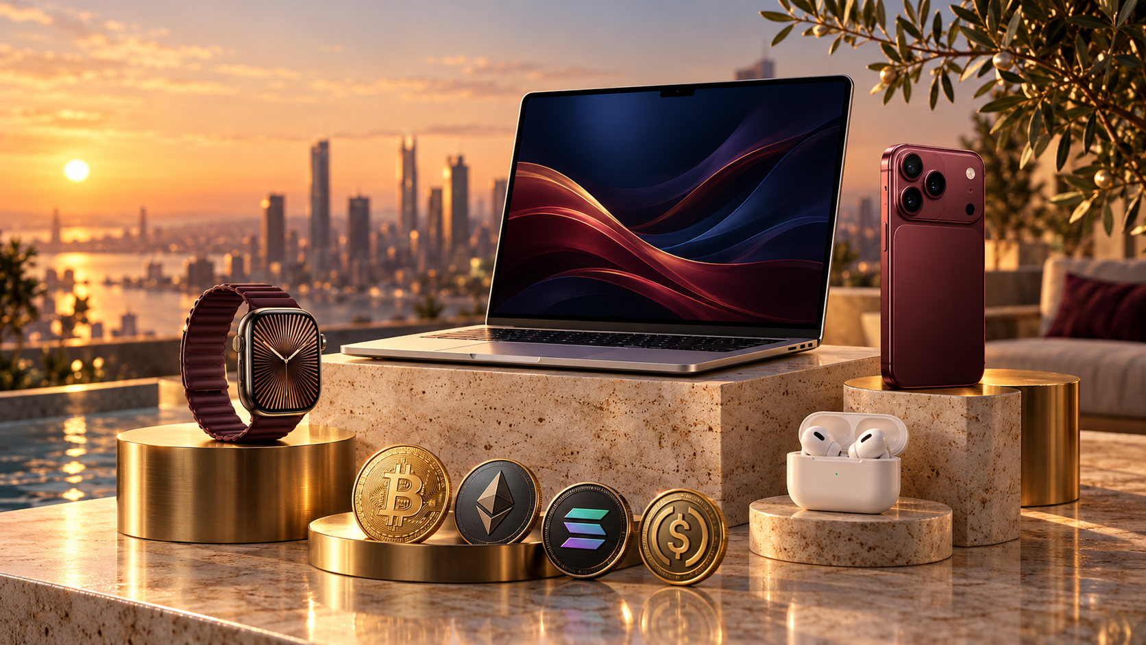 Luxury laptop, smartphone, smartwatch and earbuds displayed with Bitcoin, Ethereum and Solana coins at sunset